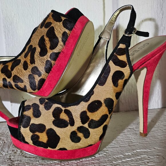 GUESS Glenisa Platform Cowhair Leopard Print Peeptoe Slingback Shoes 8.5 EUC - Picture 1 of 11